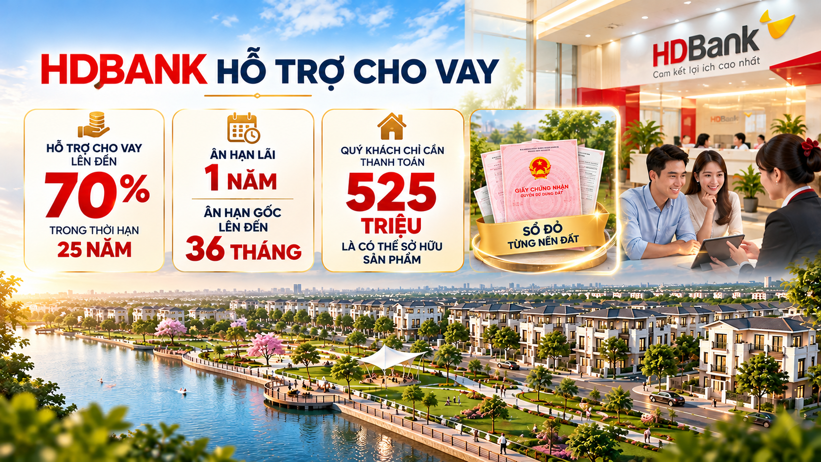 Dự án An Phước Riverside có ngân hàng HD Bank tài trợ cho vay lên đến 25 năm, tài trợ ưu đãi gốc miễn lãi 1 năm và ân hạn thanh toán 36 tháng.